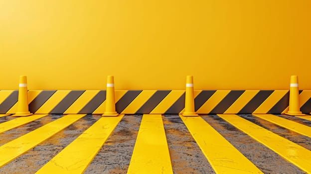A yellow and black striped wall with a line of traffic cones