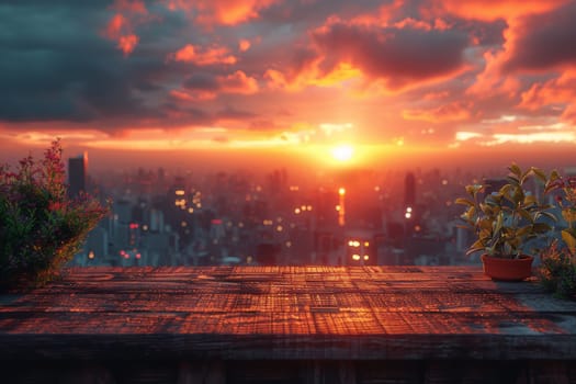 A view of a sunset over the city skyline with potted plants