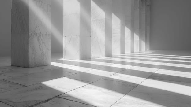 A white marble floor with sunlight shining through the pillars