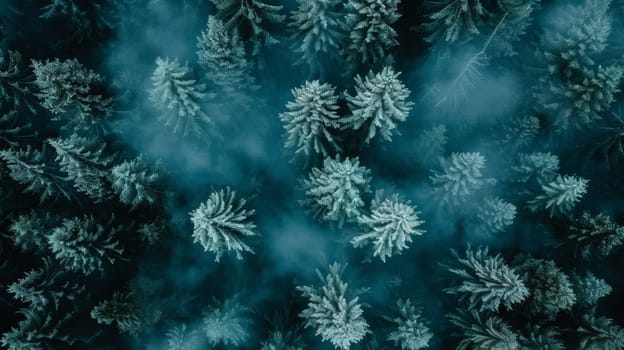 A view of a forest covered in snow and fog