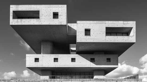 A black and white photo of a building with multiple levels