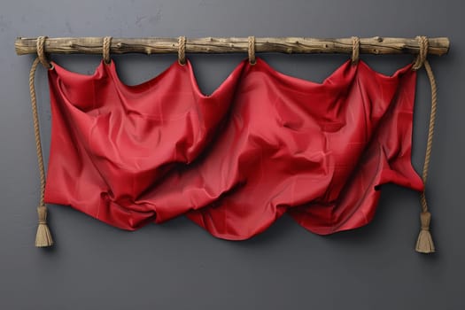 A red cloth hanging from a wooden frame with tassels