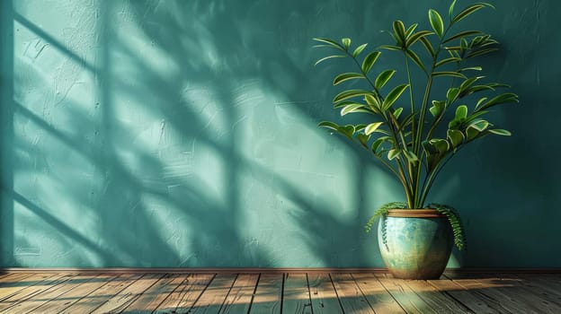 A potted plant on a wooden floor with sunlight coming through the wall