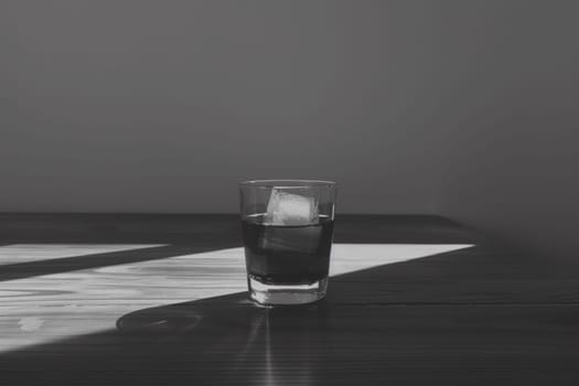 A glass of water with ice cubes on a wooden table