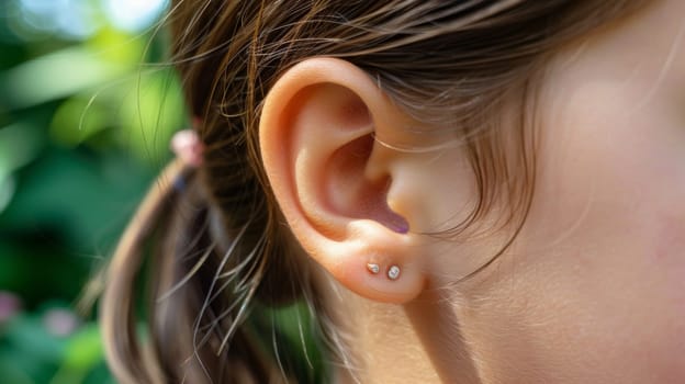 A close up of a girl's ear with two small studs