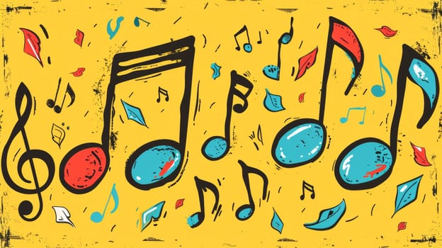 A drawing of musical notes and music symbols on a yellow background