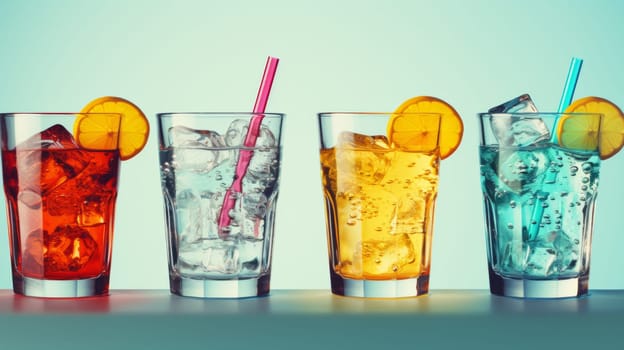 Three glasses of different colored drinks with ice and a straw