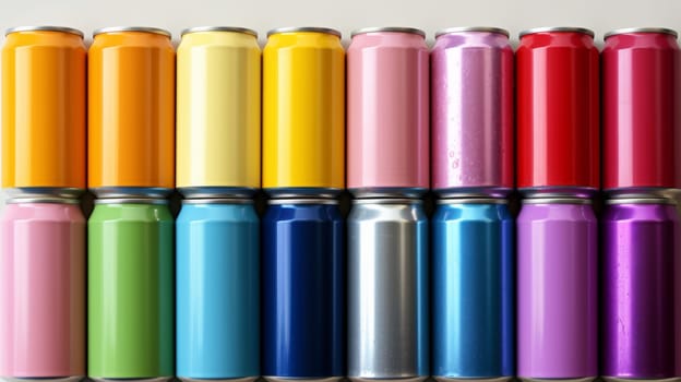 A row of twelve cans in different colors lined up on a table