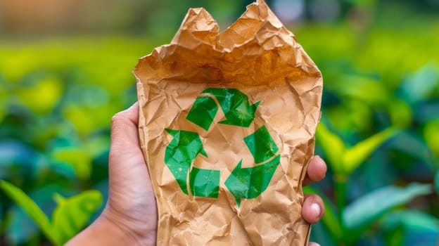 A person holding a paper bag with the recycling symbol on it