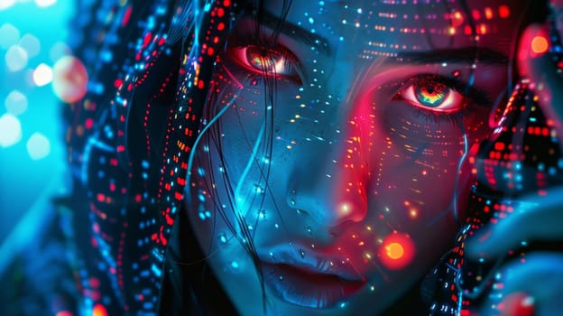 A woman with glowing eyes and a red dress