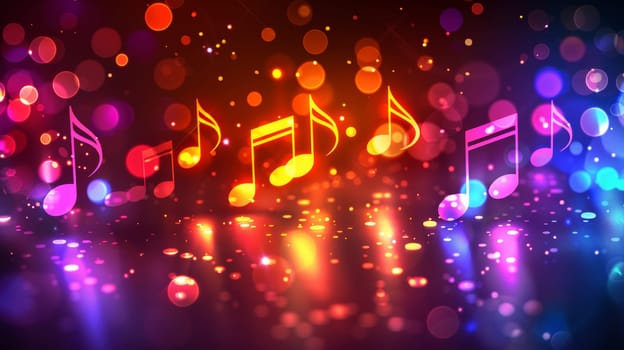 A colorful background with musical notes and lights