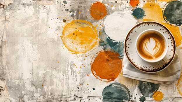 A cup of coffee on a saucer with swirls and dots