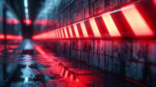 A red and white lights are on a wall in the dark