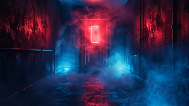A hallway with red and blue lights in the door