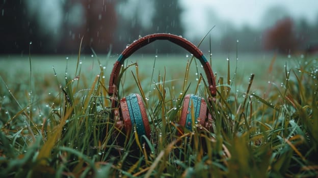 A pair of headphones sitting in a field with rain falling