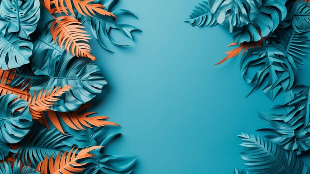 A blue background with tropical leaves and orange