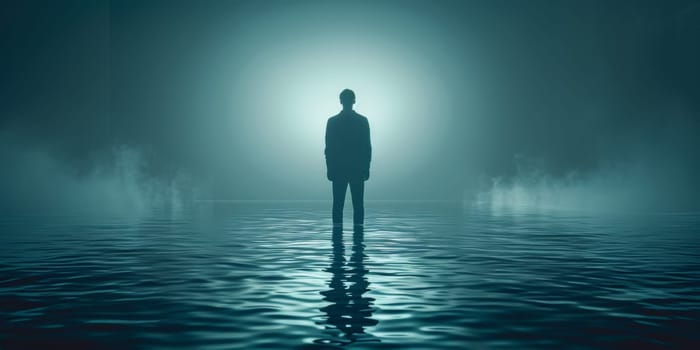 A man standing in a body of water with fog and light