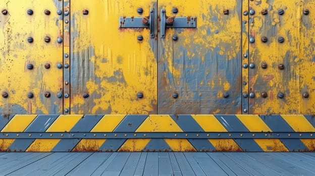 A yellow and blue striped door with rivets on it