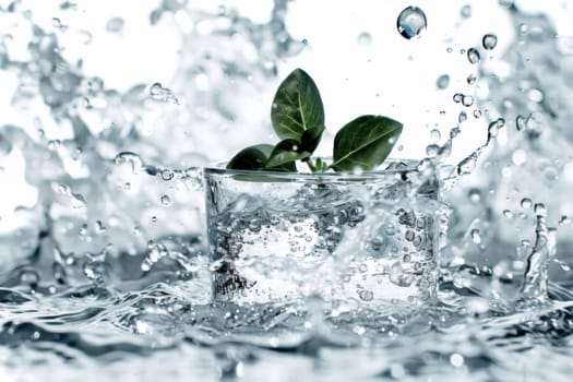 A small plant in a glass of water surrounded by splashing