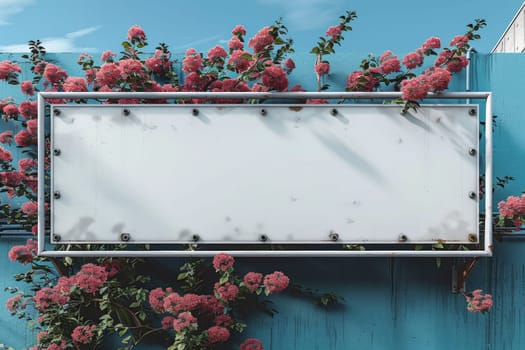 A white sign on a blue wall with pink flowers