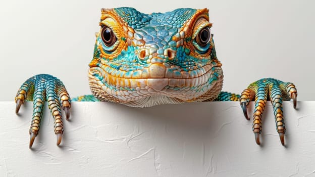 A lizard with colorful eyes and claws peeking over a white board