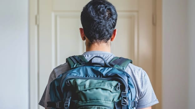 A man with a backpack standing in front of the door