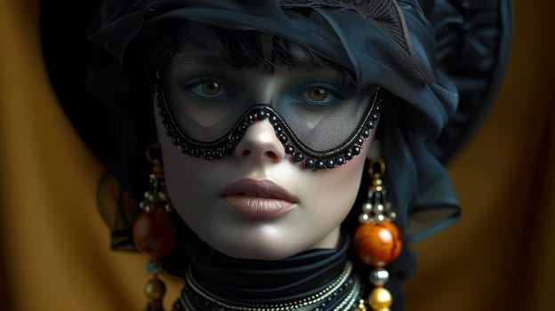 A woman wearing a mask and jewelry with her eyes closed