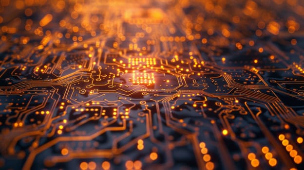 A close up of a circuit board with lights shining on it