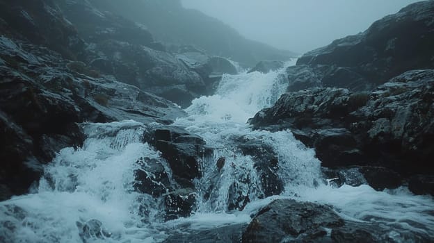 A waterfall is flowing down a rocky cliff in the fog