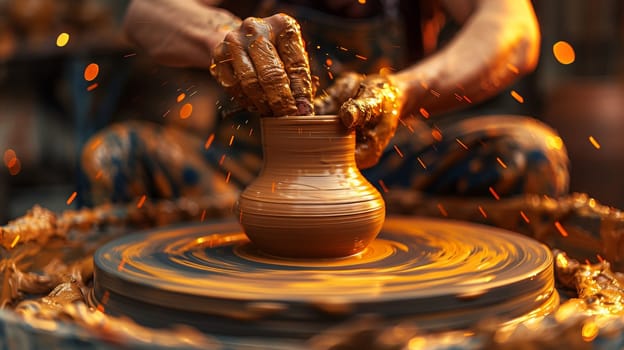A person making a pottery vase on the wheel of an ancient clay