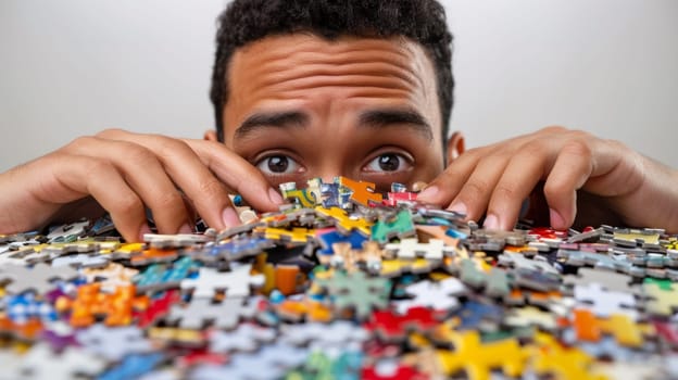 A man looking over a pile of jigsaw puzzle pieces