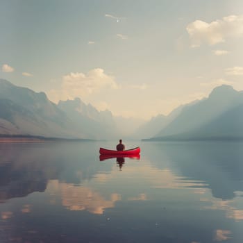 A person is enjoying outdoor recreation in a red canoe on a serene lake with majestic mountains in the background under a cloudy sky