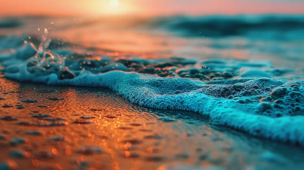 A close up of a wave crashing on the beach at sunset