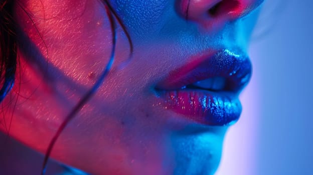 A close up of a woman with blue and purple makeup