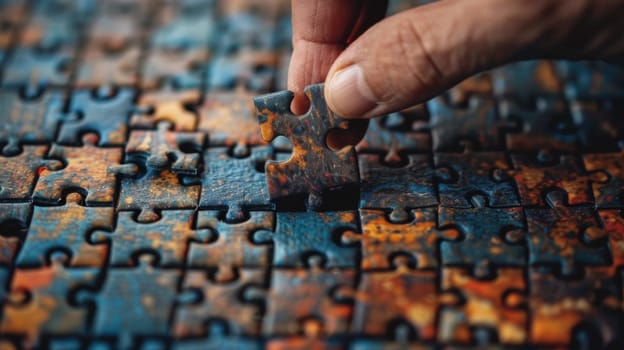 A hand is putting a piece of puzzle together on top