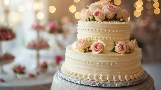 A wedding cake with roses on top of it sitting in front of a table