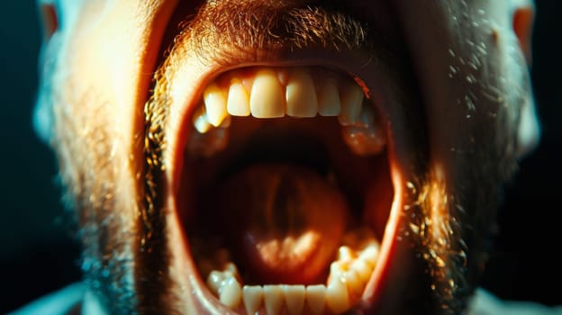 A close up of a man with his mouth open and teeth showing