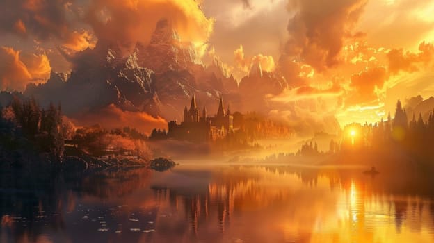 A beautiful sunset over a lake with mountains in the background