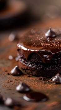 A chocolate cake with a layer of icing and sprinkles on top