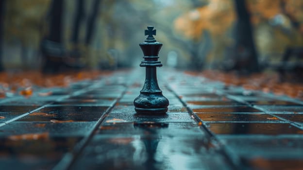 A chess piece is sitting on a tile floor in the middle of an empty street