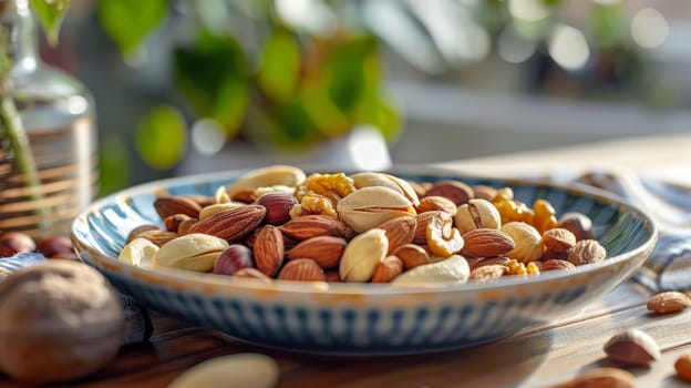 A bowl of nuts on a table with other items in the background