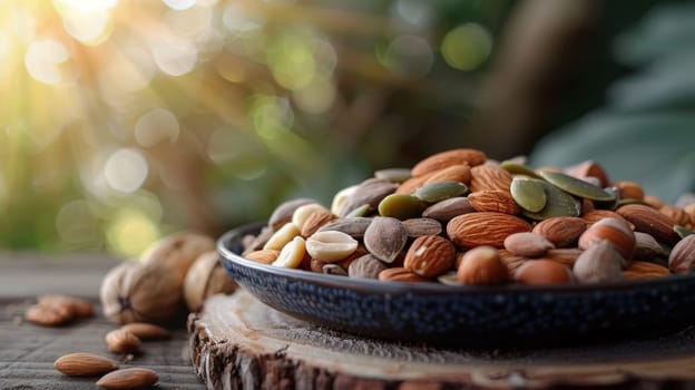 A bowl of nuts on a wooden stump with sun shining in the background