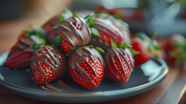 A plate of a bunch of strawberries with chocolate drizzle on them