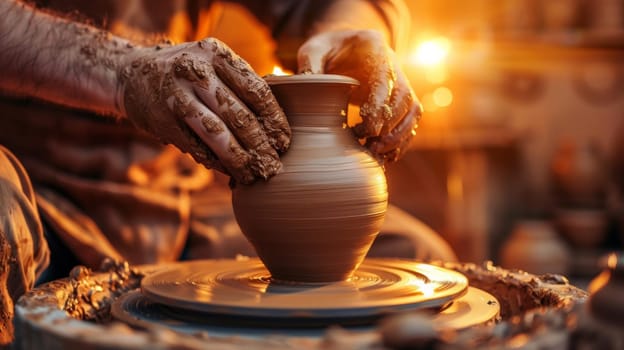 A person making a pottery vase on the wheel with their hands