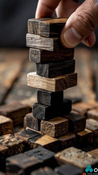 A hand placing a block on top of another wooden piece