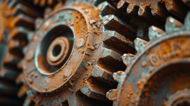 A close up of a bunch of gears that are rusty