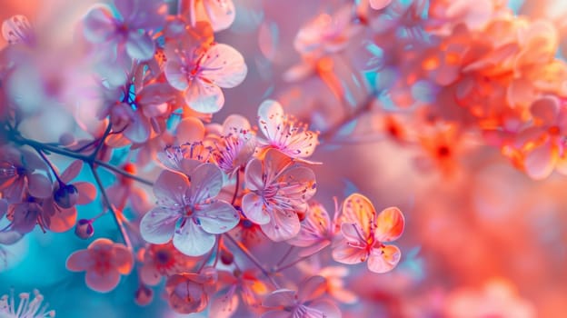 A close up of a bunch of flowers that are pink and blue
