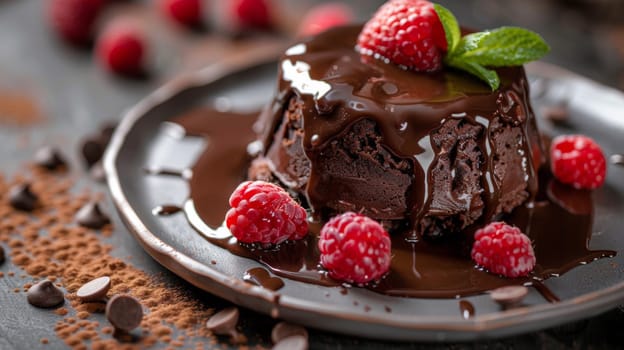 A chocolate cake with raspberries and mint on a plate