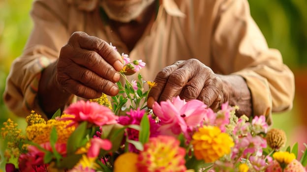 A man is arranging flowers in a vase on the table