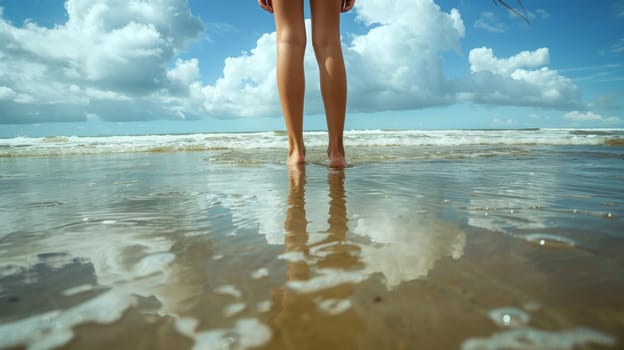 A woman standing in the shallow water of a beach